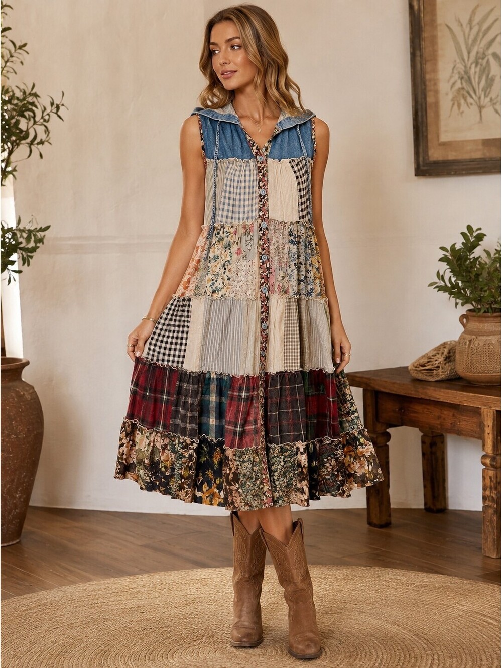 YOUNG THREADS Patchwork Hooded Maxi Duster Dress Denim Boho NWT Medium - Picture 4 of 6